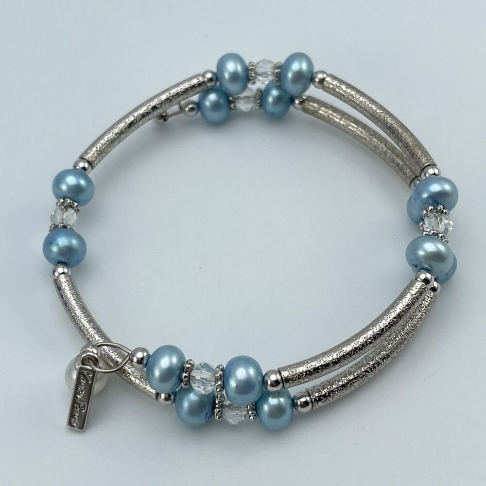 Vantel Pearls Silver Tone Blue Pearl Memory Wire Bracelet Cute Beaded Stunning - Picture 2 of 6